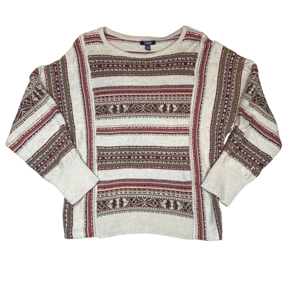 Chaps‎ Mens XL Fair Isle Southwestern Cotton Linen Blend Crew Neck Sweater Cream